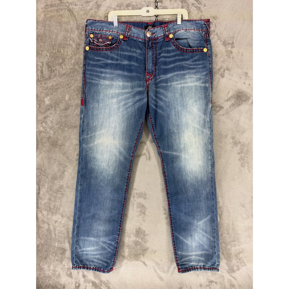 True Religion Jeans Mens 42 Ricky Relaxed Straight Blue Red Stitch EUC